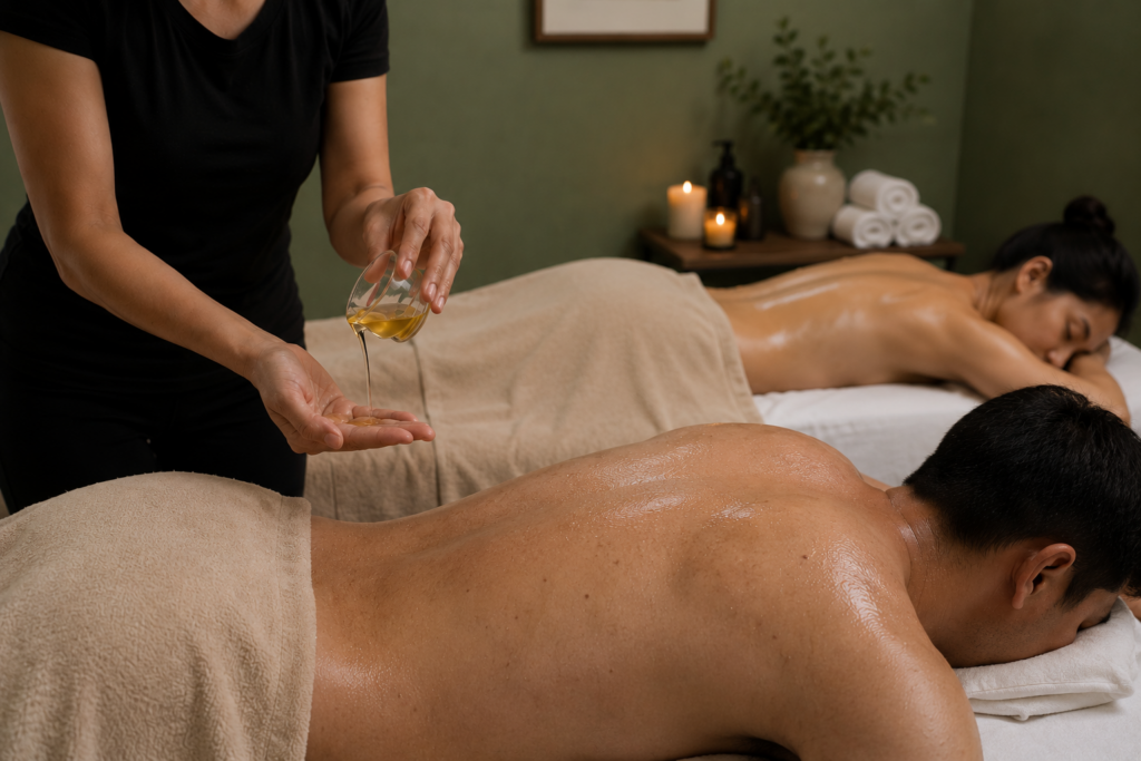 Couples massage with side-by-side oil application at Li's Spa Redmond