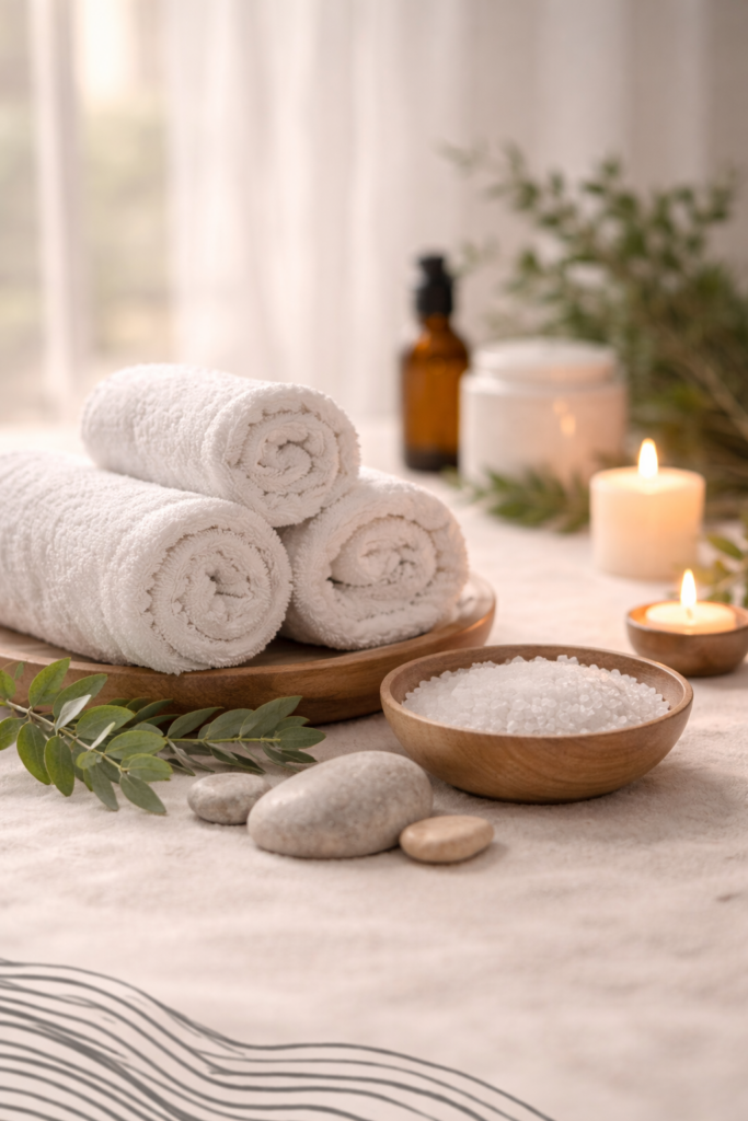 Spa setup with towels, salt stones and aromatherapy at Li's Spa Redmond