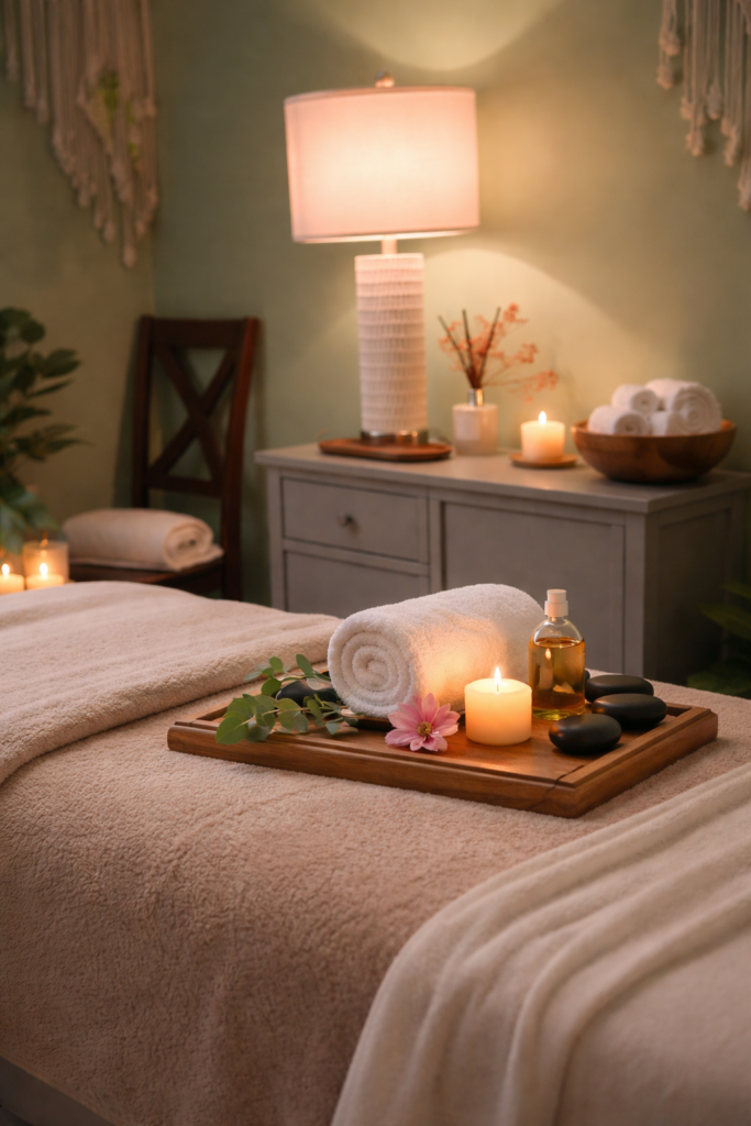 Tranquil spa treatment room with hot stones and candlelight at Li's Spa Redmond
