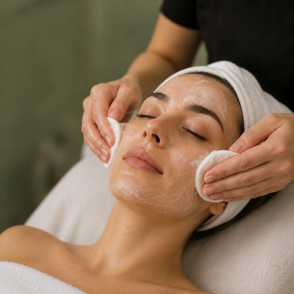 Double cleanse step in professional facial treatment at Li's Spa in Redmond, WA