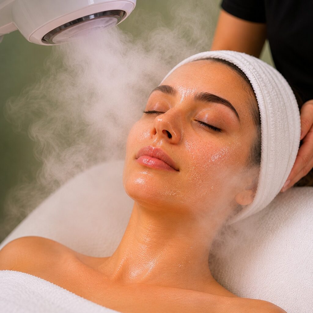 Facial steam opening pores for deep cleansing at Li's Spa in Redmond, WA