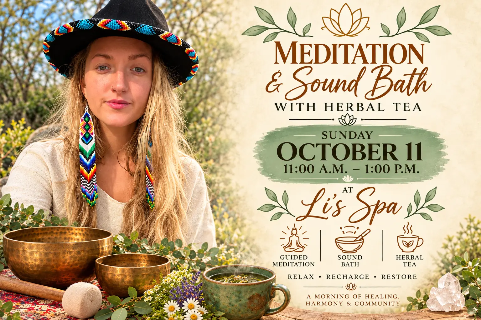 Meditation and Sound Bath with Herbal Tea flyer, Li's Spa Redmond, Sunday October 11