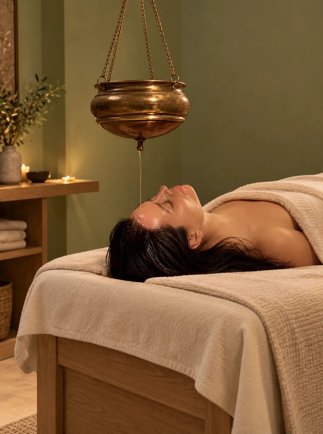 Warm oil flowing onto the forehead during Shirodhara therapy at Li's Spa Redmond
