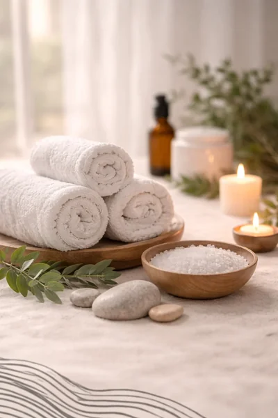 Spa setup with towels, salt stones and aromatherapy at Li's Spa Redmond