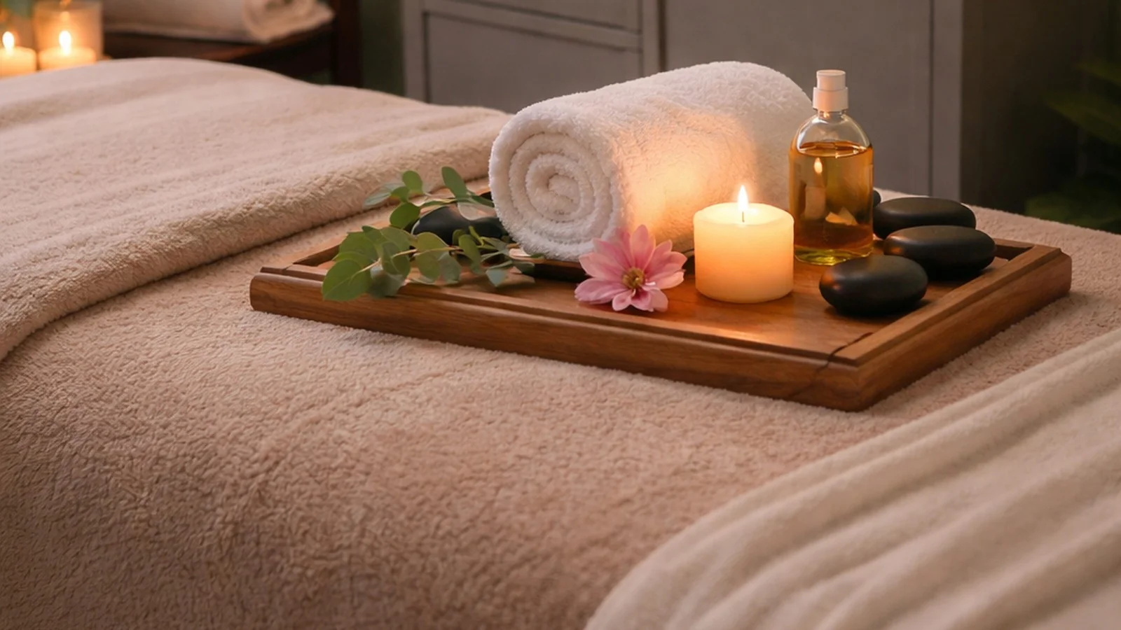 Warm spa treatment room with hot stones and candlelight at Li's Spa Redmond WA
