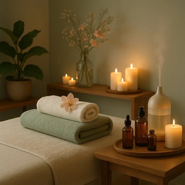 Therapeutic spa room with essential oils and candles at Li's Spa Redmond